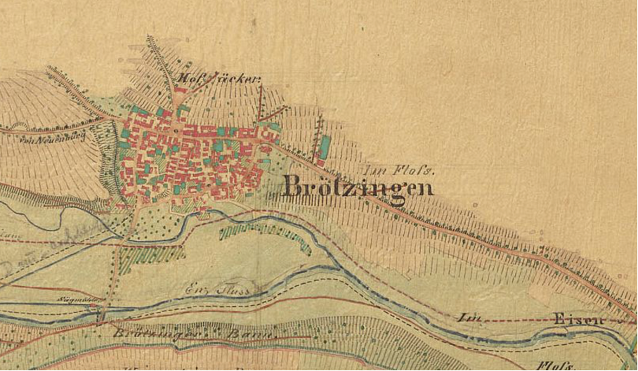 Brötzingen mit Hofäcker 1851 - historische topographische Karte